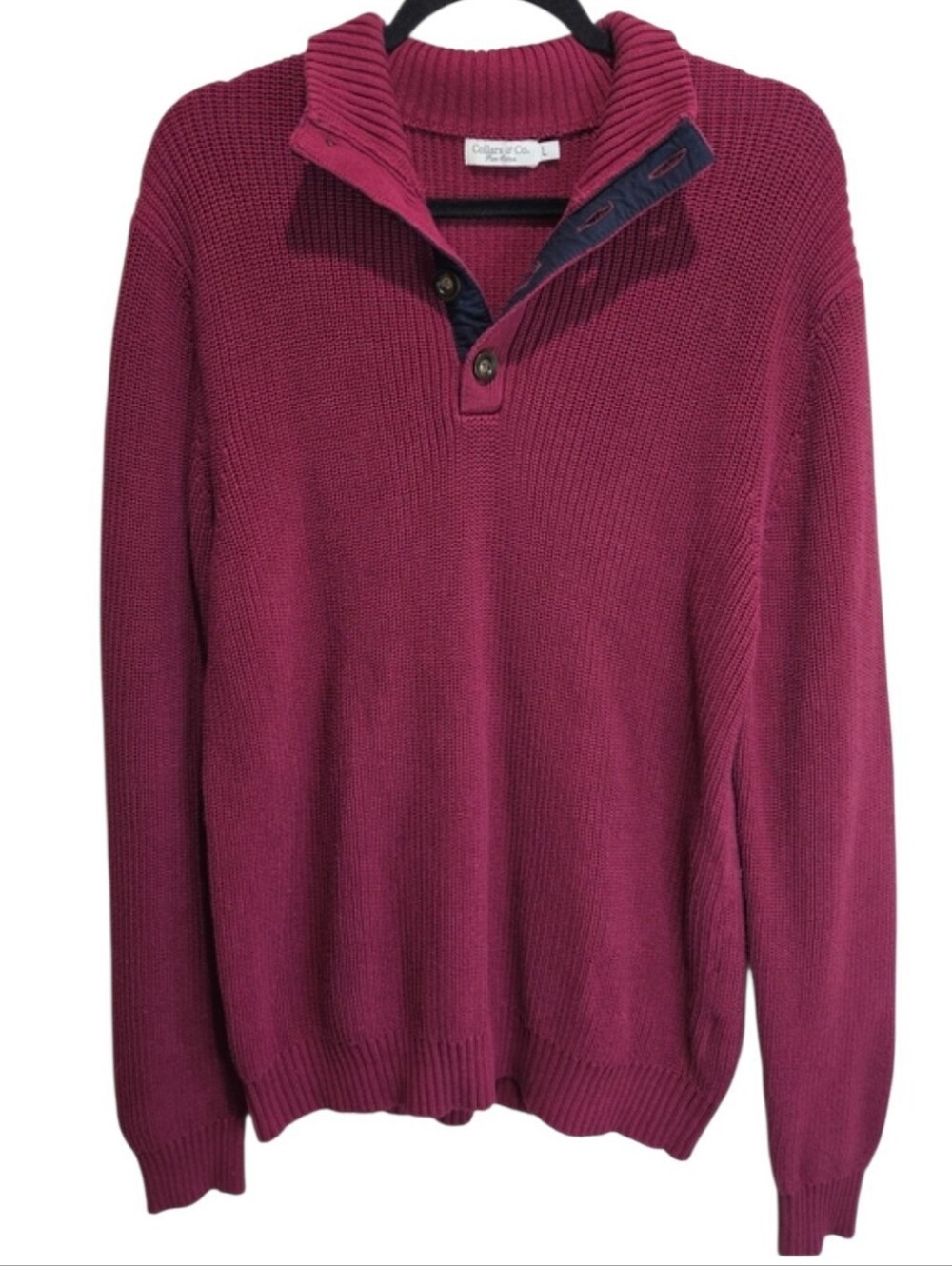 Collars & Co Men's Pullover Sweater 1/4 Button Burgundy Maroon Large Pure Cotton
